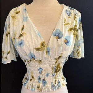 Vigoss Blue Floral Smocked Blouse